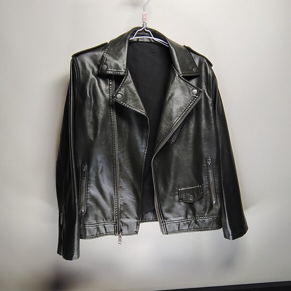 Feicui Faux Leather Biker Jacket Mens Size Medium Dark Green Moto Punk - Picture 8 of 16